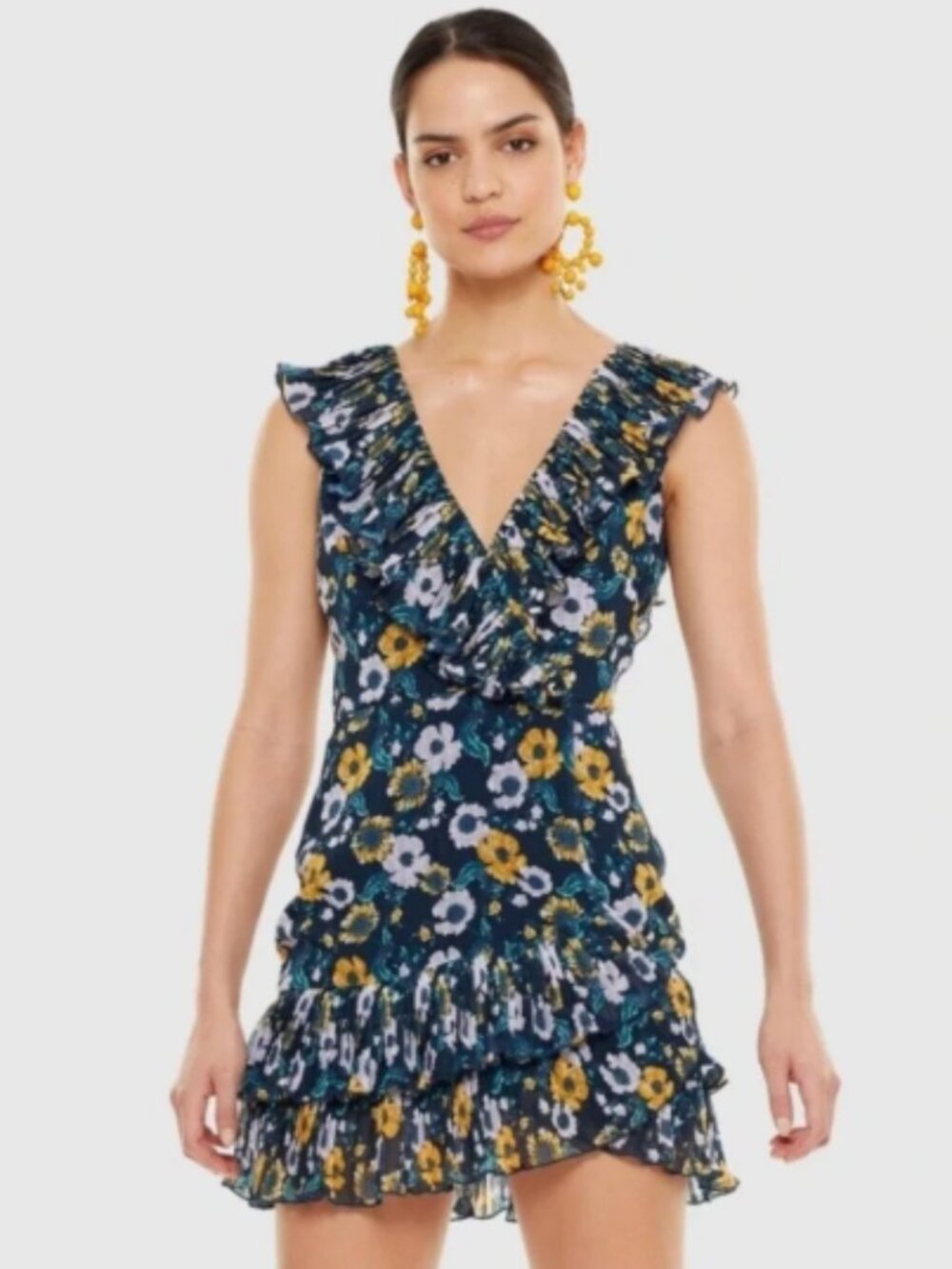 La Maison Talulah Light it Up Navy Yellow Floral Ruffle Mini Dress Size M